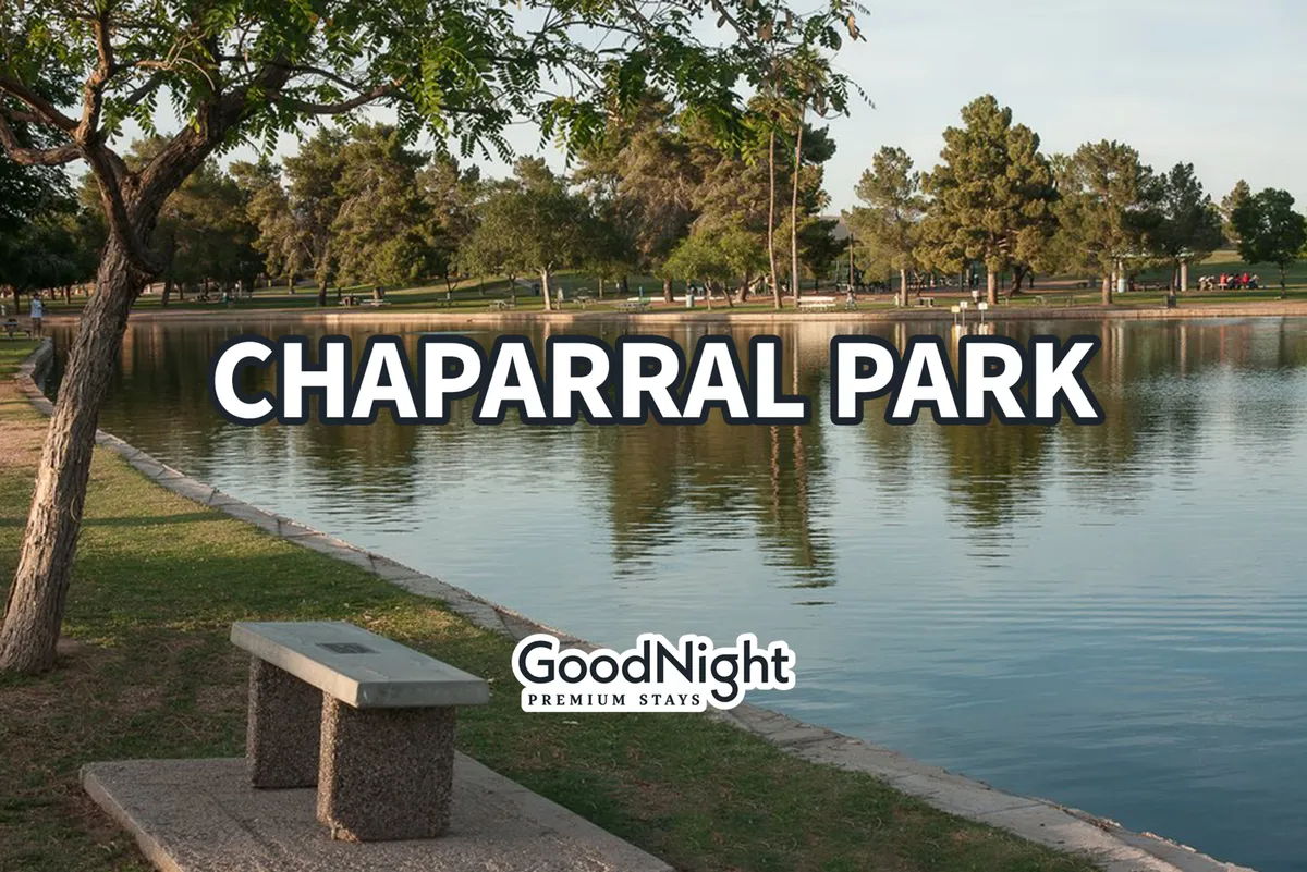 A peaceful lakeside view at Chaparral Park, featuring a calm lake, a shaded park bench, and leafy trees that create a relaxing outdoor atmosphere. The scene invites leisurely walks and tranquil moments by the water, ideal for pet owners seeking scenic places to explore with their furry companions.